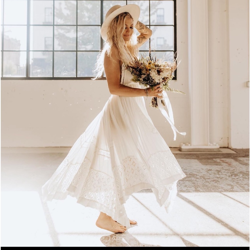 Free People white Boho Halter Dress with lace
